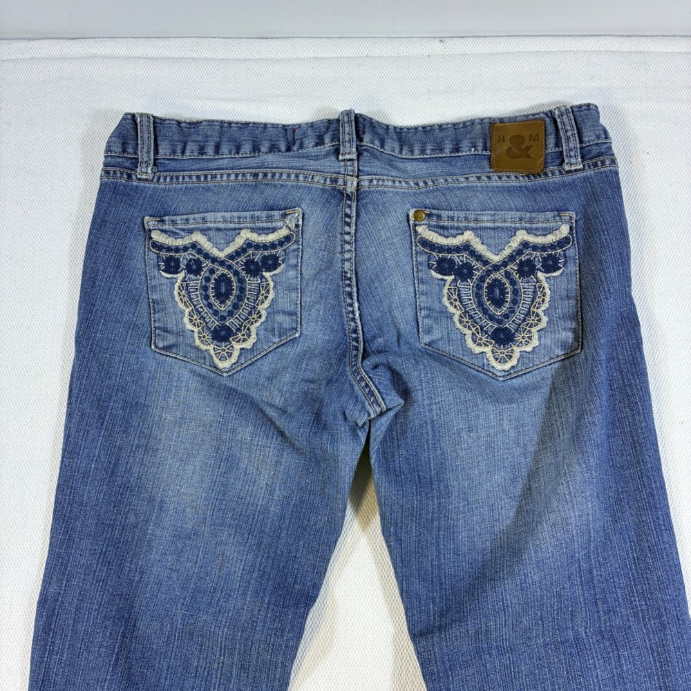 Vintage H&M &Star Women's Jeans Size 33 Blue Lace Embroidered Pocket Y2K Flare